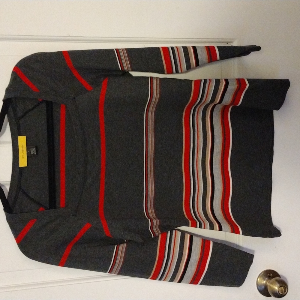 St. John Yellow Label Grey and Red Striped Top Square Neck Size Small